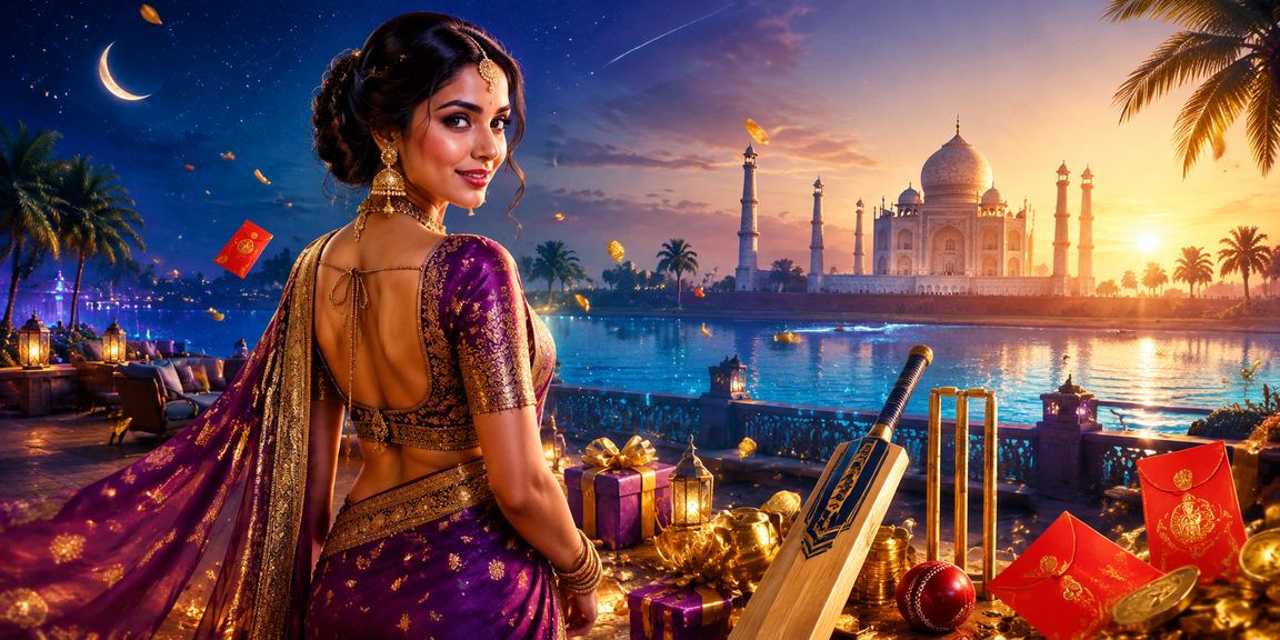 Taj Mahal and cricket passion in India illustration with blue gold tones