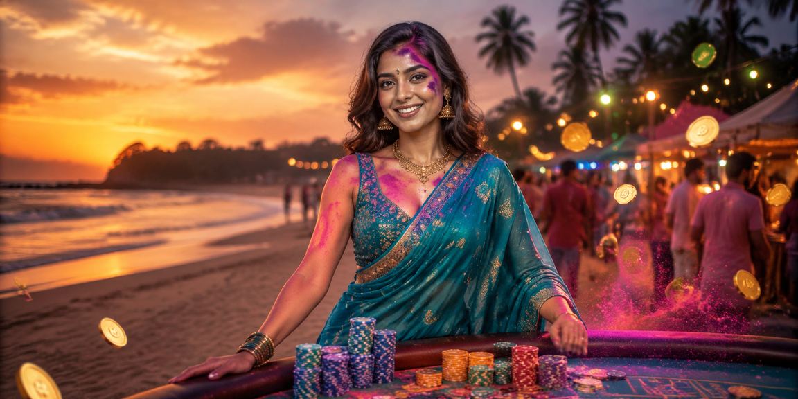 Indian woman enjoying sports betting on mobile at Goa beach