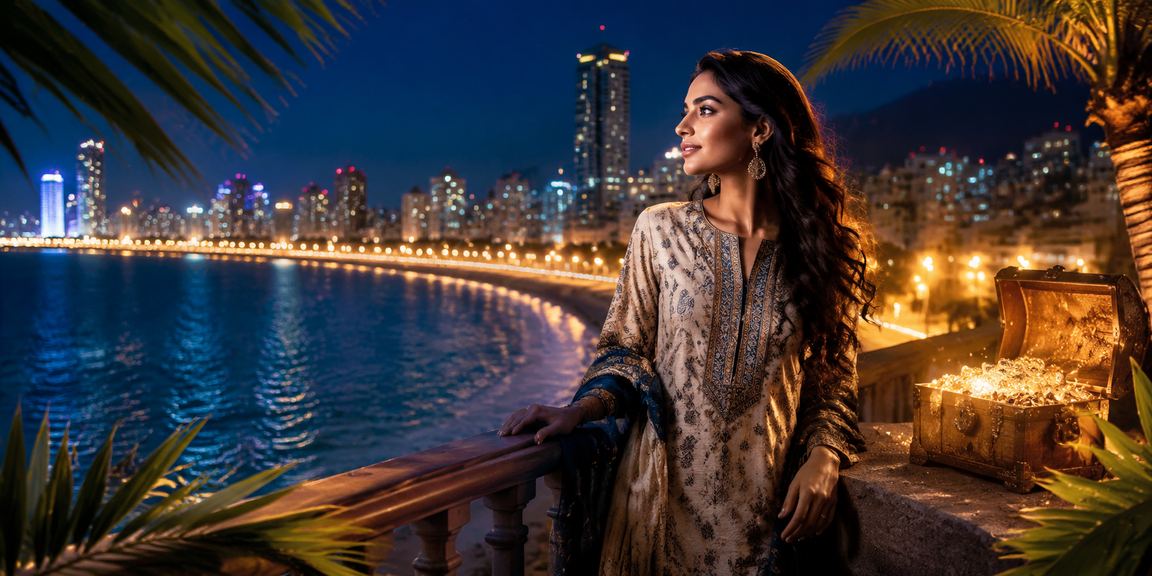Nighttime Mumbai Marine Drive with casino and entertainment lights